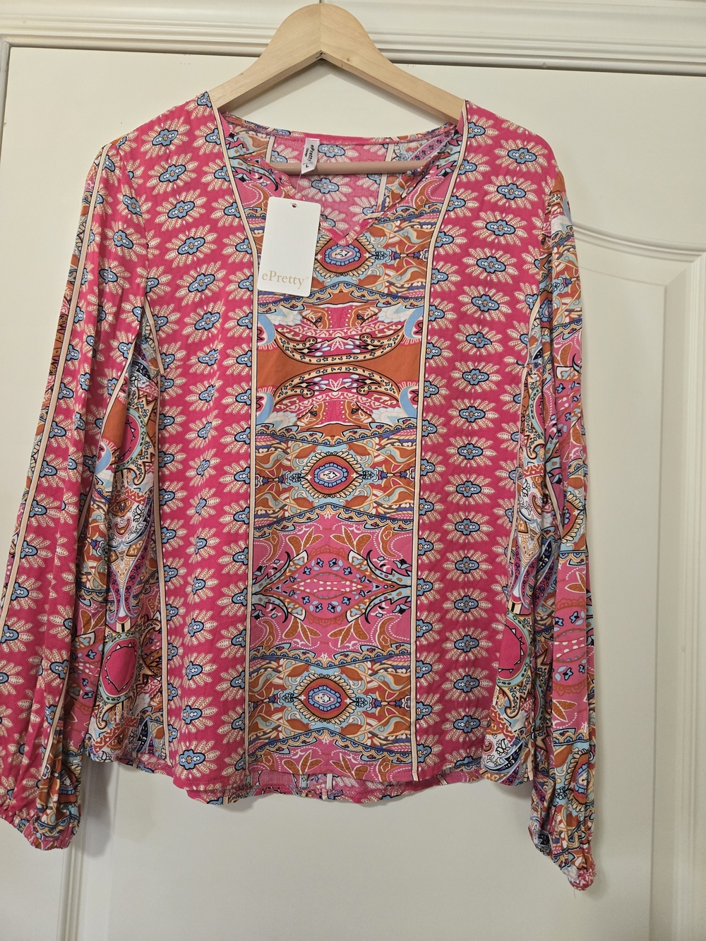 ePretty Pink Paisley-Print Long-Sleeve V-Neck Blouse